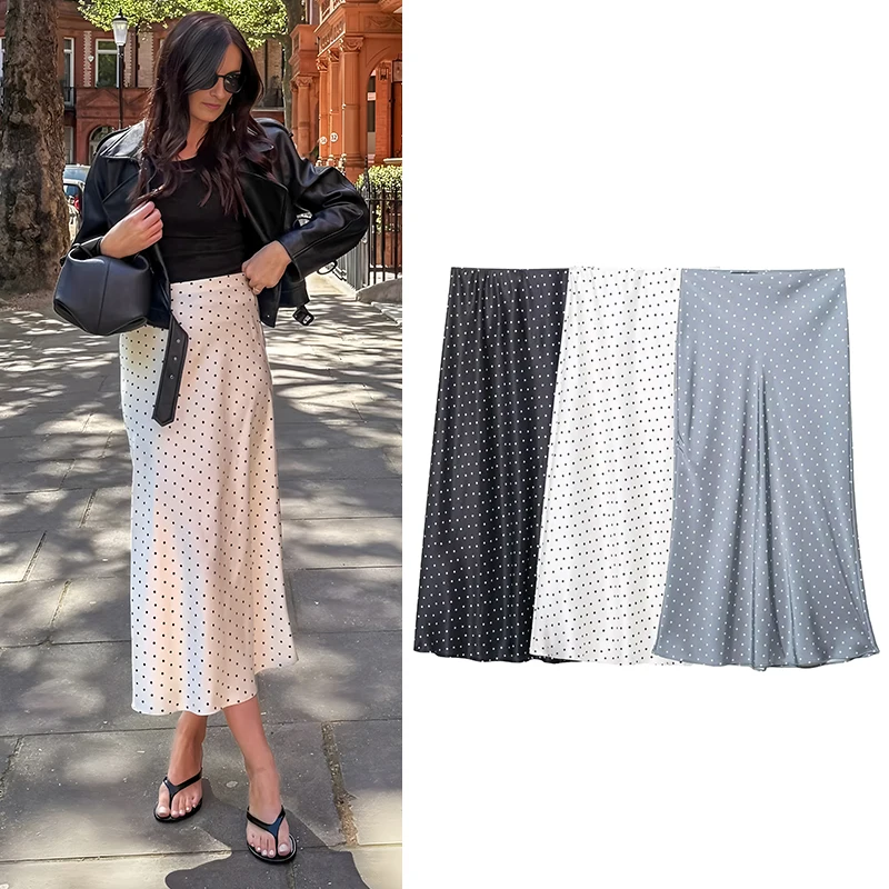 

Women Fashion Polka Dot Skirts Summer Satin Midi Skirts Women Elastic Waist and High Waist Skirts Casual Women's Skirts
