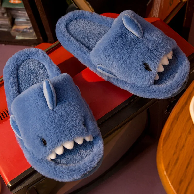 Litfun Plush Shark Slippers For Women Men Soft Furry Cotton Slippers Winter Indoor Cotton Shoes Open-Toe Non-slip Home Flip Flop