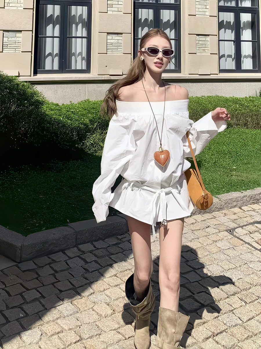 

White Shoulder Bared Shirt Women's Spring Summer New Style Korean Simple Matchable Personality Sleeve Long Polyester Loose Fit
