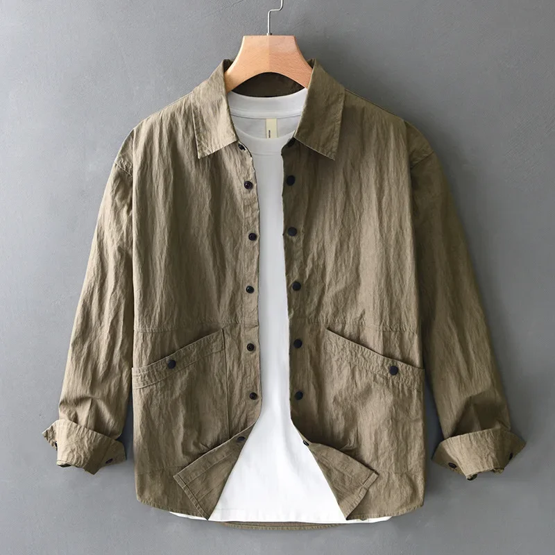 

Spring Summer New Mens Long Sleeve Shirt Japanese Style Vintage Shirt Men Casual Jacket Double Pockets Pleated Designer Shirts
