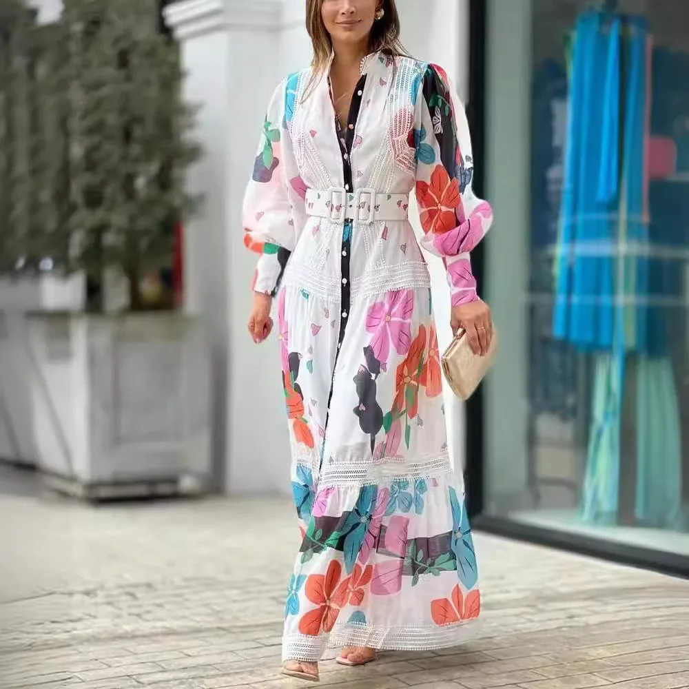 

2025 Spring and Summer New Fashion Printed Lace Splicing Long Dress