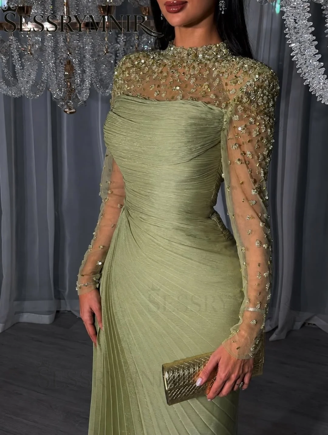 SESSRYMNIR Women'S Formal Evening Gowns Customize Scoop Neck Beading Luxury Evening Dresses Long Sleeves Straight Floor-Length