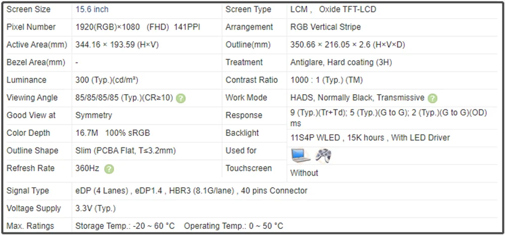 NE156FHM-NZ3 NE156FHM-NZ1 15.6 inch Laptop LCD Screen IPS Panel EDP 40Pins FHD 1920x1080 300 (Typ.)(cd/m²)