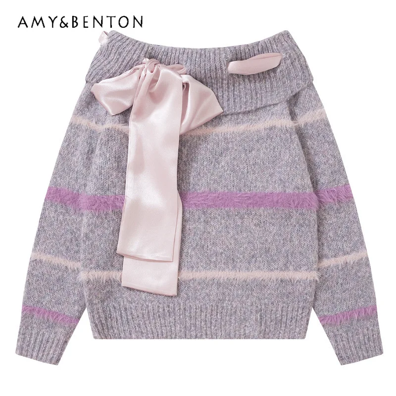 

Original Design Cute Bow Strap Off-Shoulder Plush Women's Sweater Korean Style 2025 Autumn Winter New Knitted Pullover Ladies