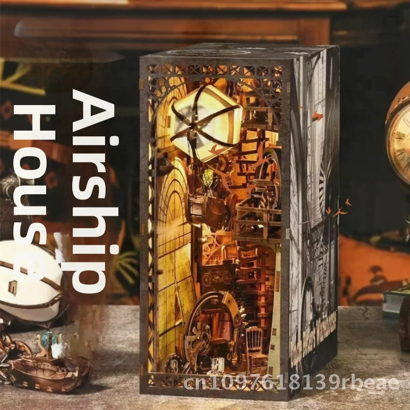 Kit modello di astronave con palloncino in legno fai-da-te Supporto per libro magico retrò Giocattolo di blocchi assemblati fatti a mano per 14 anni in su