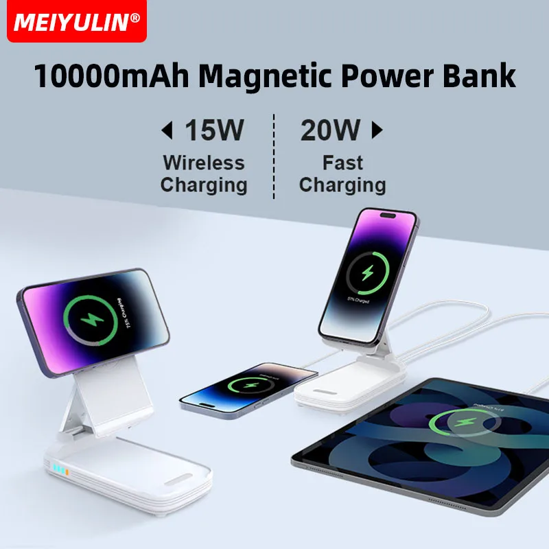 20W 10000mAh Magnetic Wireless Power Bank With Stand USB-C PD Fast Charging External Auxiliary Battery For iPhone 15 14 Samsung