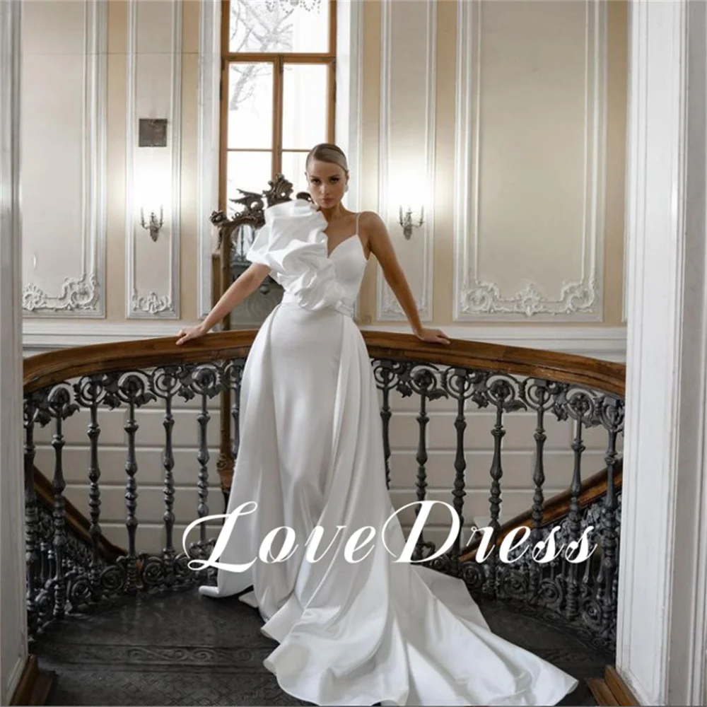 

Love Elegant V-Neck Pleated One Shoulder Spaghetti Strap Stain Wedding Dresses A-Line Backless Detachable Tail Sexy Bridal Gowns