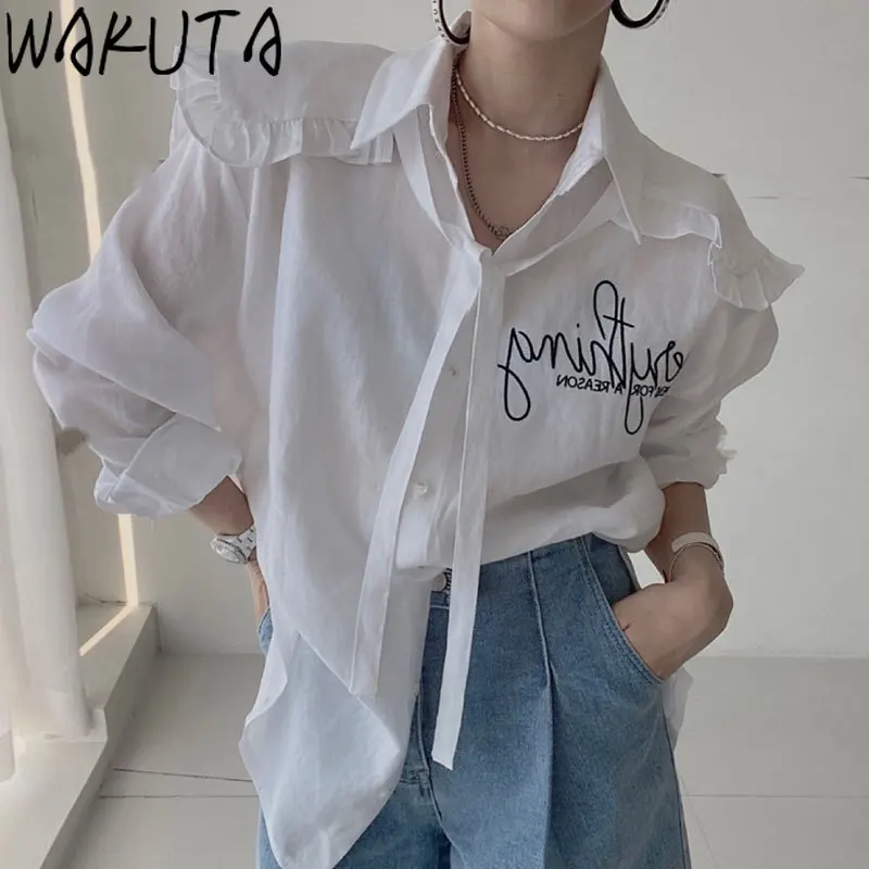 

WAKUTA Loose Letter Shirts Women Streetwear Casual Peter Pan Neck Adjustable Long Sleeve Womens Blouses Tops Korean 2024 Fall