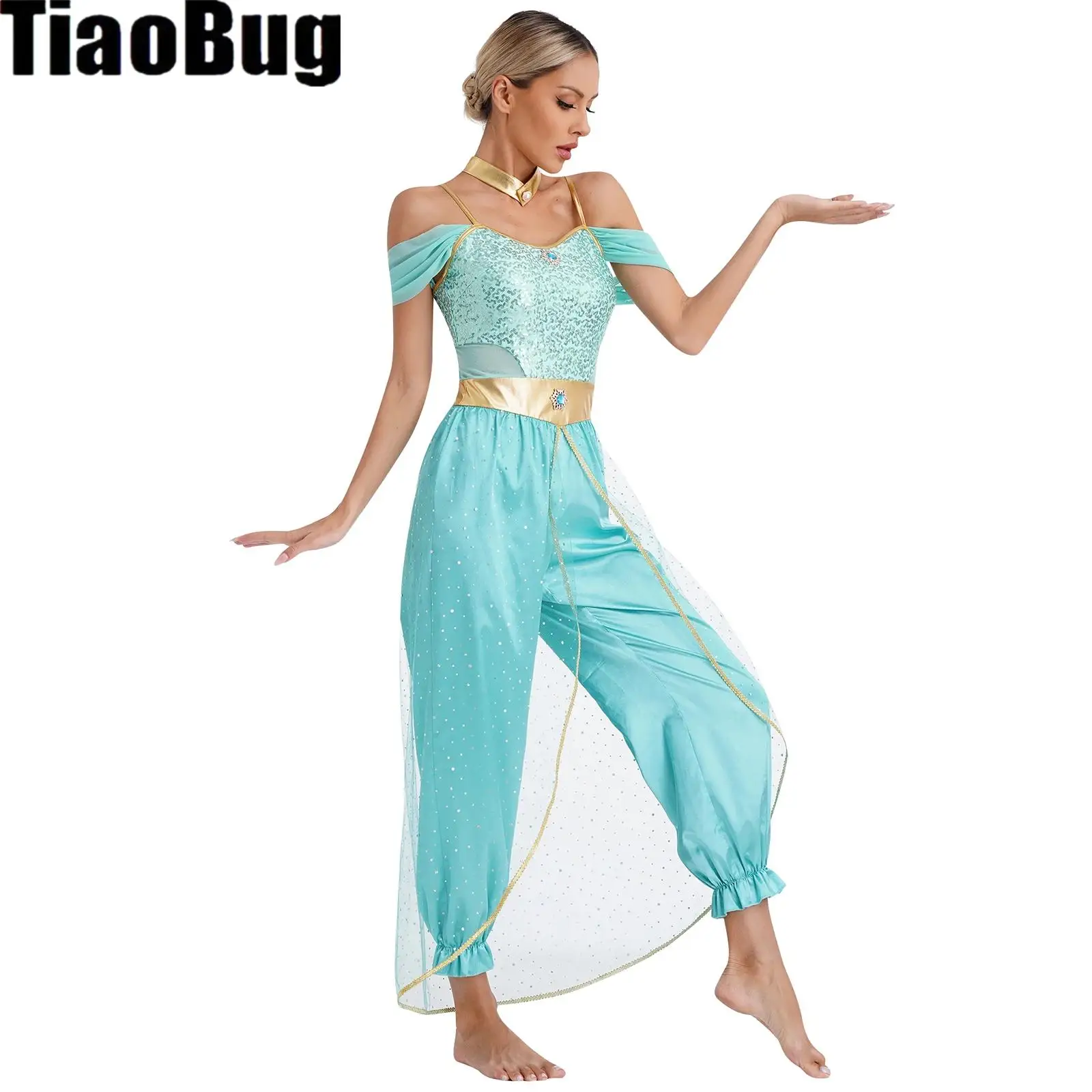 

Womens Belly Dance Romper Arabian Princess Role Play Gems Adorned Sequin Halloween Costumes with Metallic Shiny Choker Collar