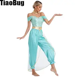 Womens Belly Dance Romper Arabian Princess Role Play Gems Adorned Sequin Halloween Costumes with Metallic Shiny Choker Collar