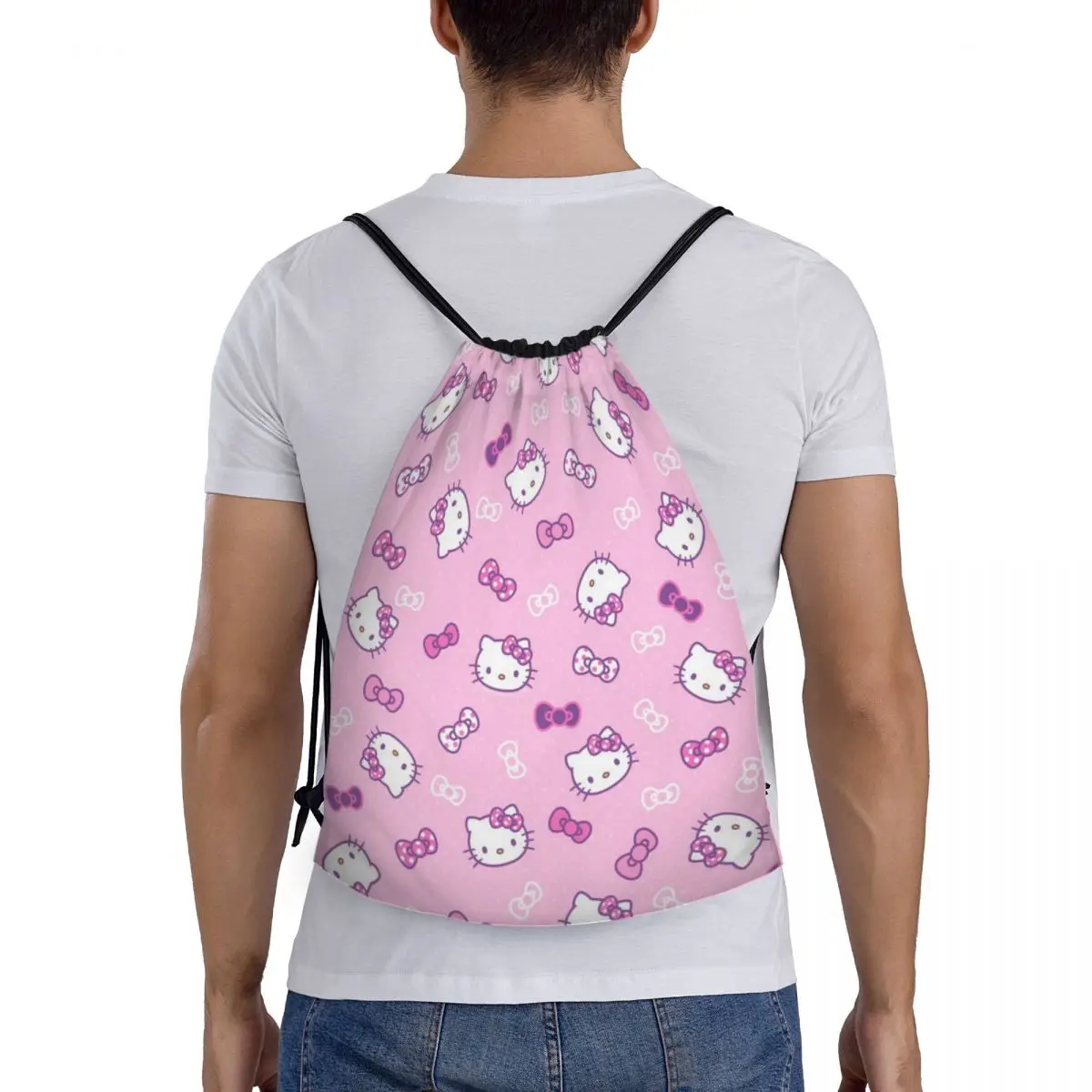 Custom Hello Kitty Pattern Drawstring Backpack Sports Gym Bag for Men Women Sanrio Shopping Sackpack