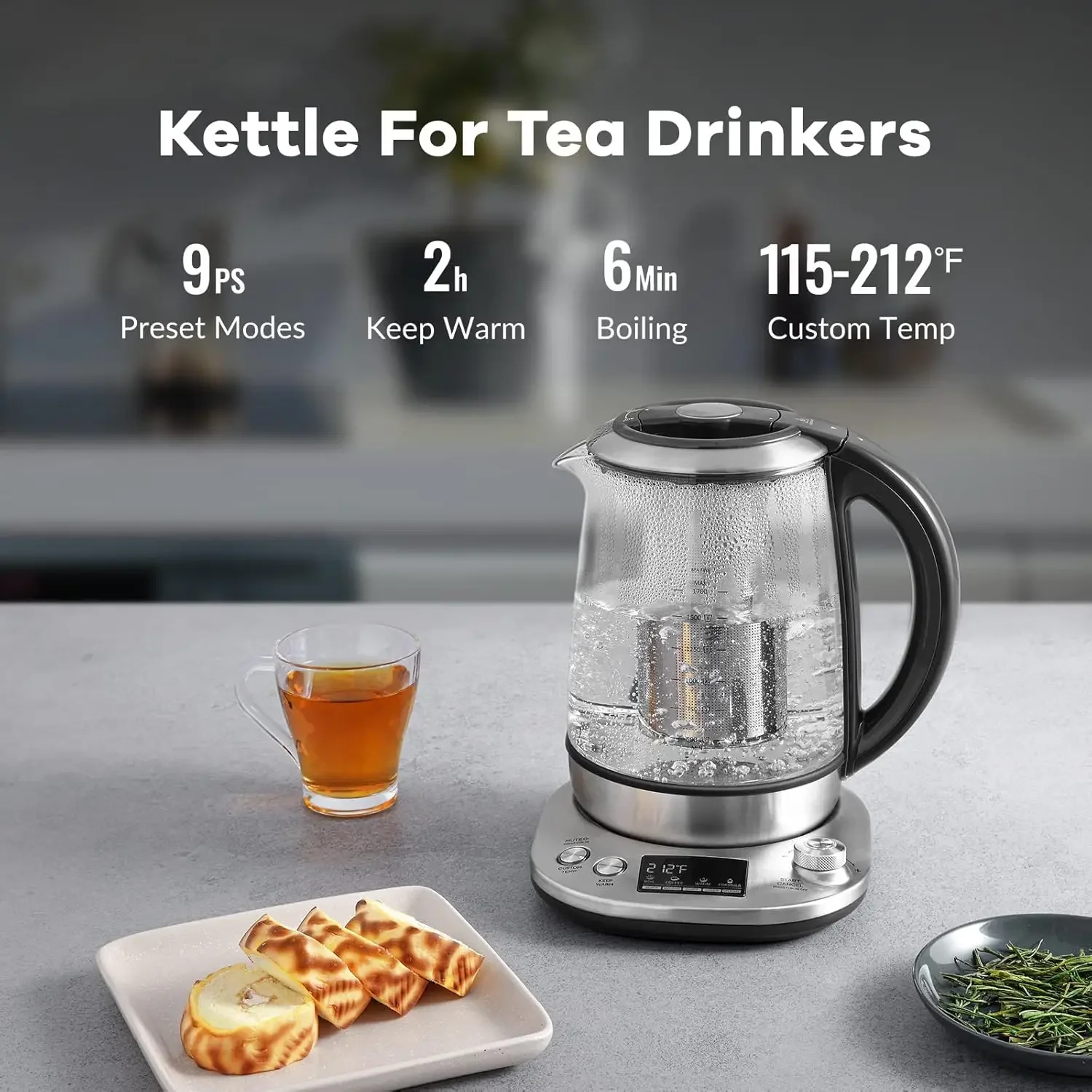 Tea Kettle Electric Tea Pot with Removable Infuser, 9 Preset Brewing Programs Tea Maker with Temprature Control, 2 Hours