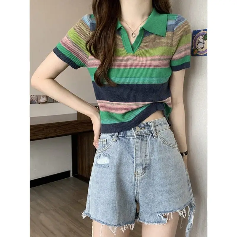 Summer Woman Clothing Rainbow Striped Short Sleeve Shirt Unique Chic Ins Temperament Elegant Polo-neck Thin Youth Lively Sweet