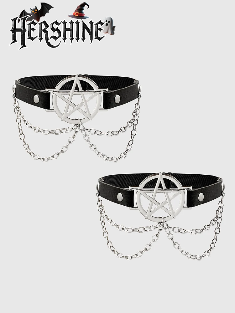 เลกกิ้งโซ่สีดำแบบปรับได้ของผู้หญิง 2 ชิ้น, การตกแต่งโซ่รูปดาวห้าแฉก, สไตล์พังก์เข้มแบบกอธิค Y2K, อุปกรณ์เสริมฮาโลวีน