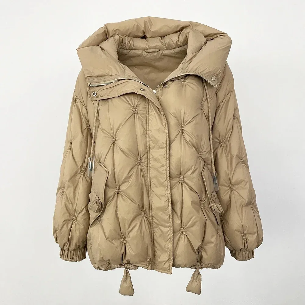 Piumino da donna coreano allentato caldo con cappuccio 2025 Piumino autunno/inverno Lady addensato 50% piumino d'anatra bianco