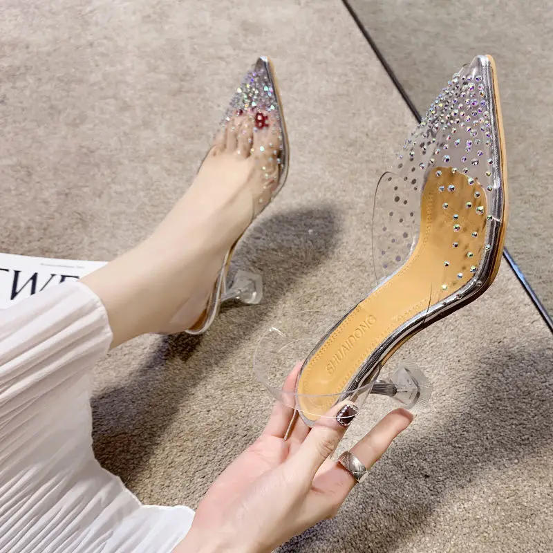 Elegant Clear High Heels Mules Shoes for Women Designer Heeled Slippers Luxury Transparent Sandals Rhinestone Slipper 2024 Woman