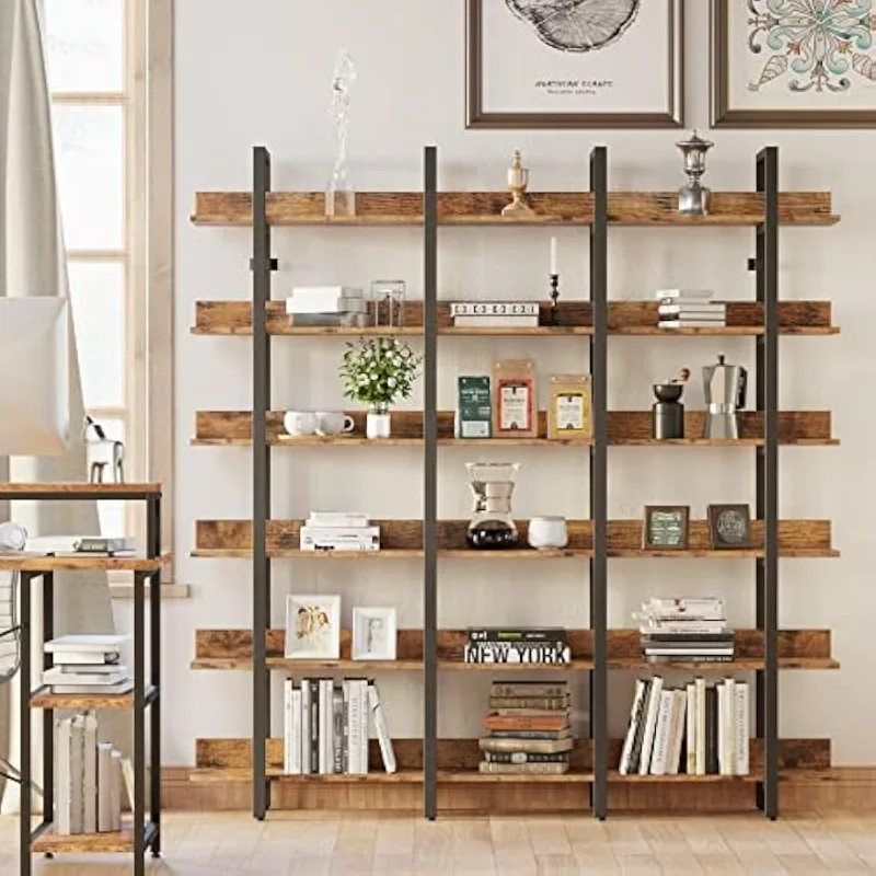 Bookcase and Bookshelves Triple Wide 6 Tiers Large Open Shelves, Etagere Bookcases with Back Fence for Home Office Decor