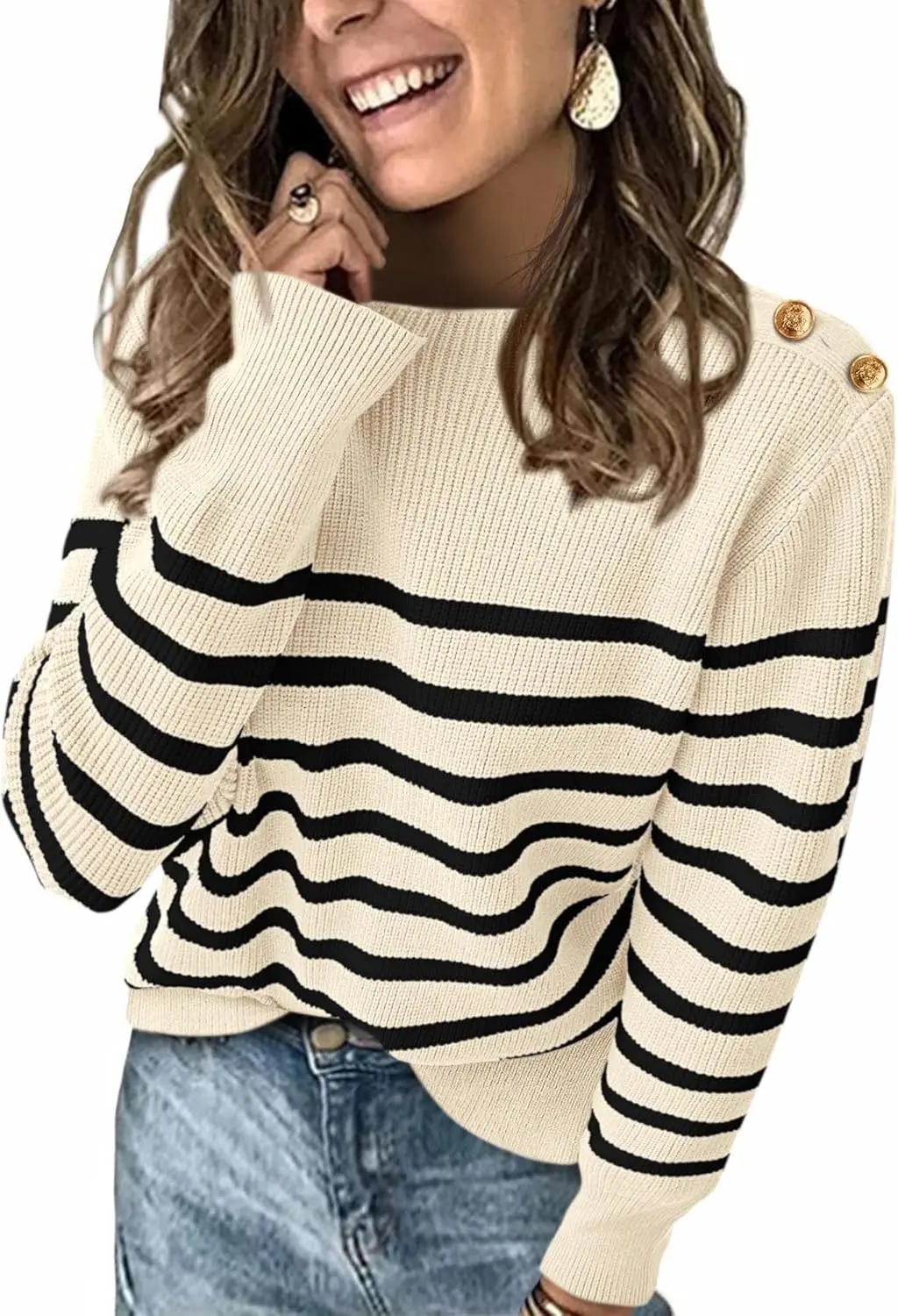 

Sweaters for Women Fall Striped Long Sleeve Ribbed Knit Sweater Loose Crew Neck Soft Pullover Winter Clothes 12