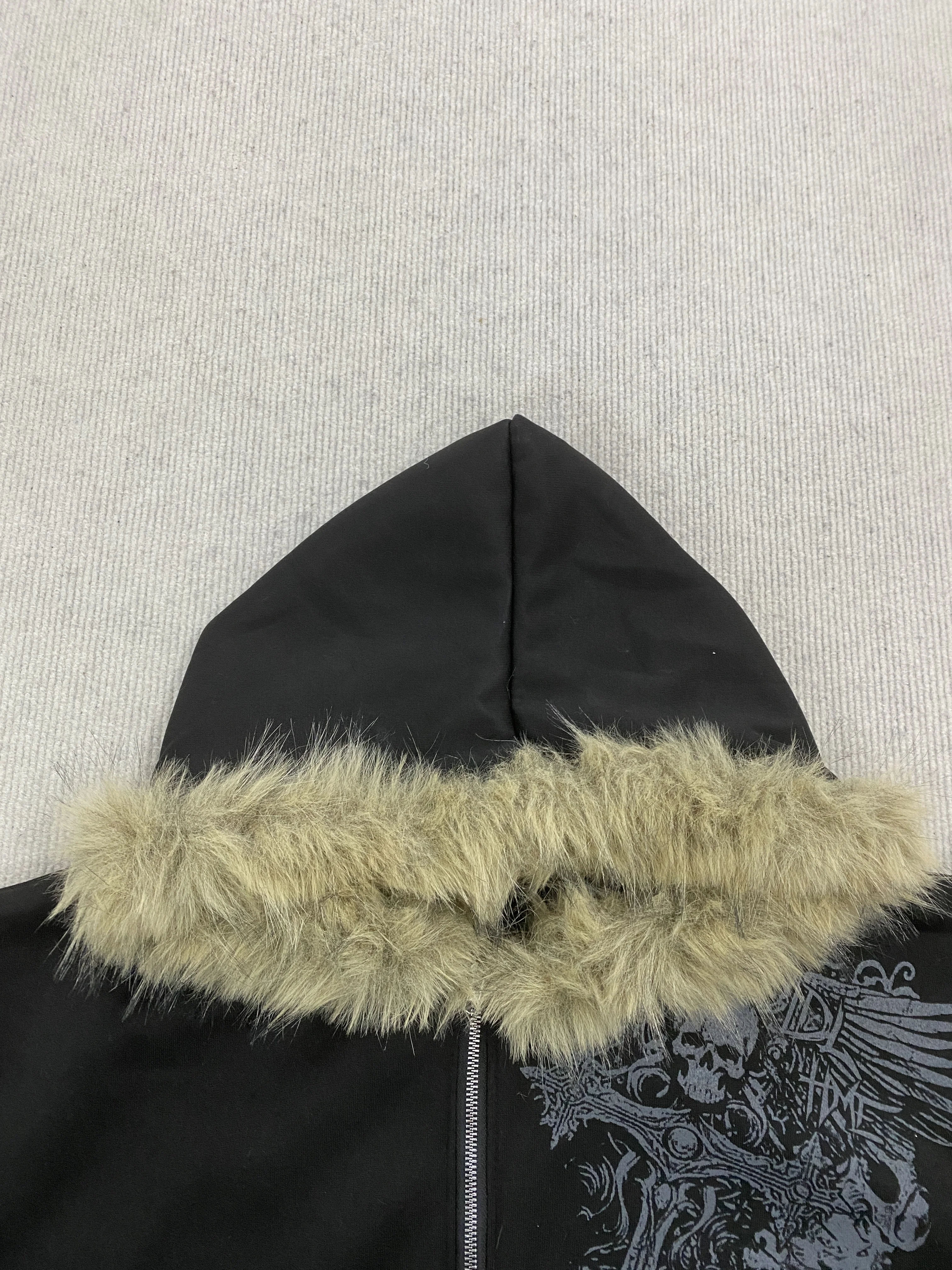 Kapuzenpullover mit Kunstfellkragen und Reißverschluss, Totenkopf-Kreuz-Print, Retro-Oversized-Gothic-Streetwear, Punk-Langarmjacke – Detail 12