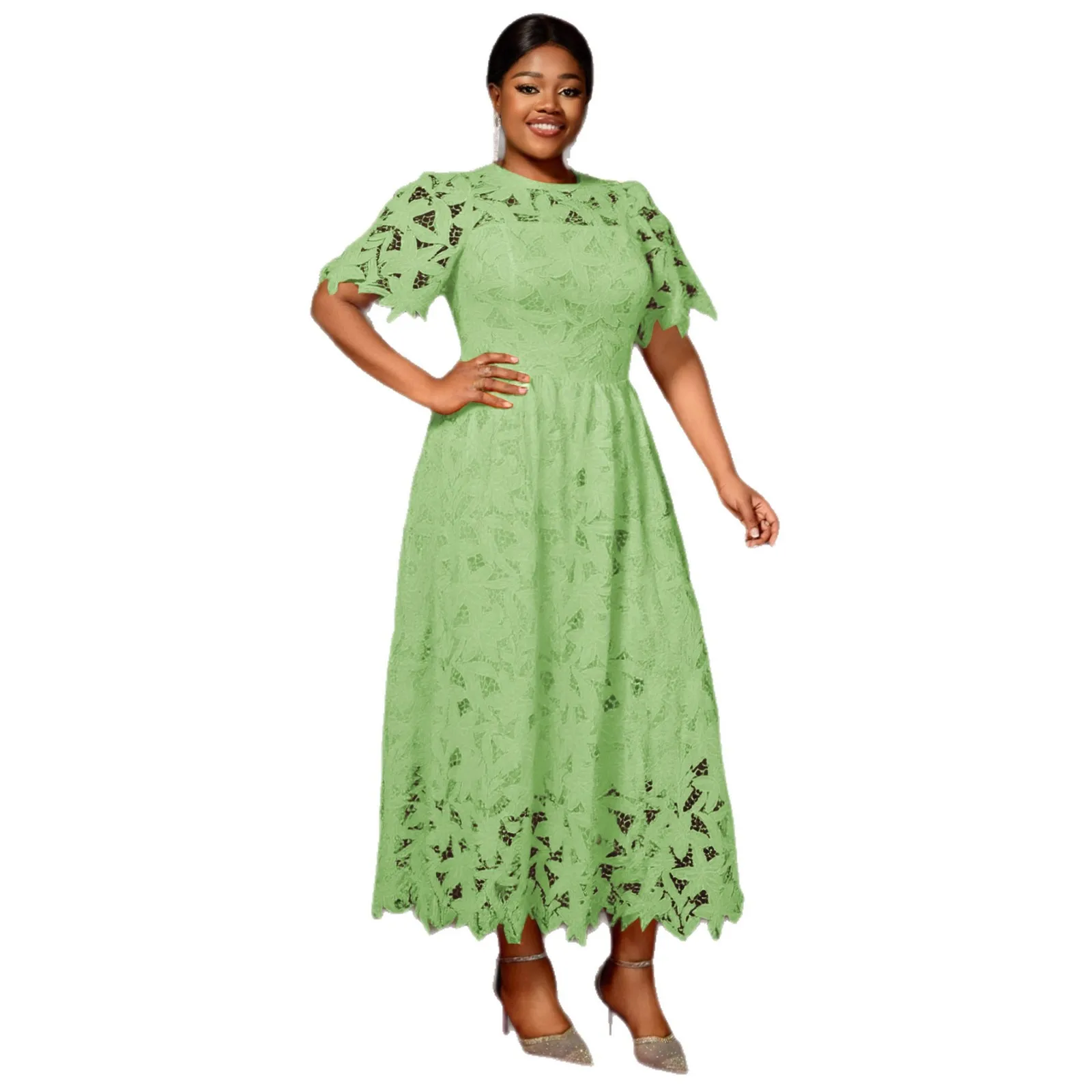 

L-4XL Plus Size African Dresses for Women Elegant Africa Short Sleeve Lace Polyester Party Evening Dress Dashiki Africa Clothing