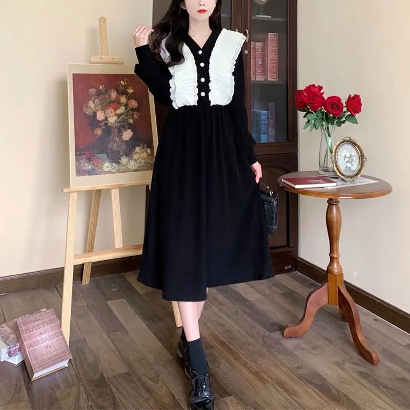 

Female Clothing Corduroy Midi Dress Fashion Ruffles Patchwork Spring Autumn Aura Elegant V-Neck Button Commute A-Line Dresses