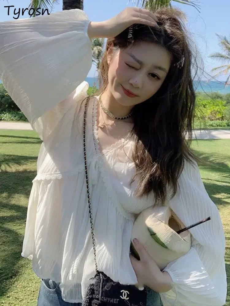 

Blouses Women Simple Sweet Design All-match Loose Daily Tender Fashion Korean Style Leisure Ladies Breathable Sun-proof Spring