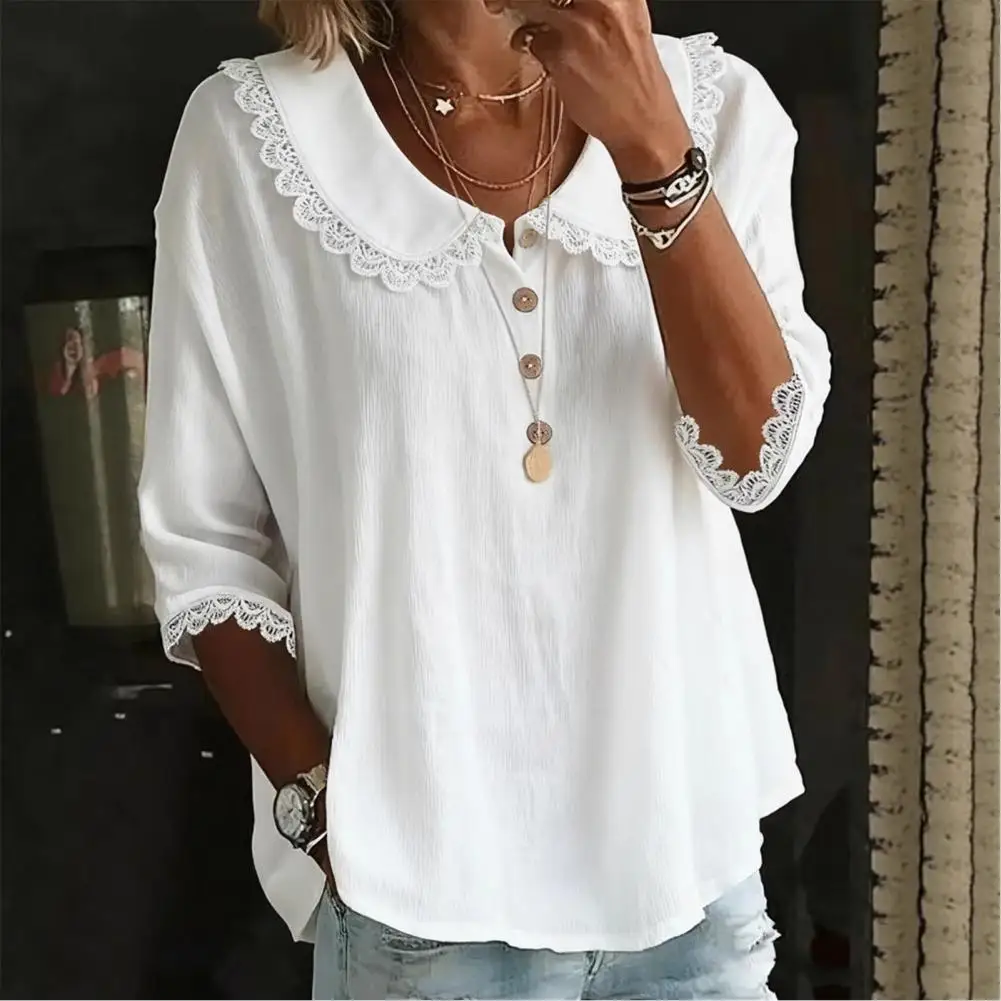 

2026 Versatile Women Shirt Romantic Blouse Shirt Loose Fit Lace Neckline Cuffs Button Placket Summer Spring Casual Tops