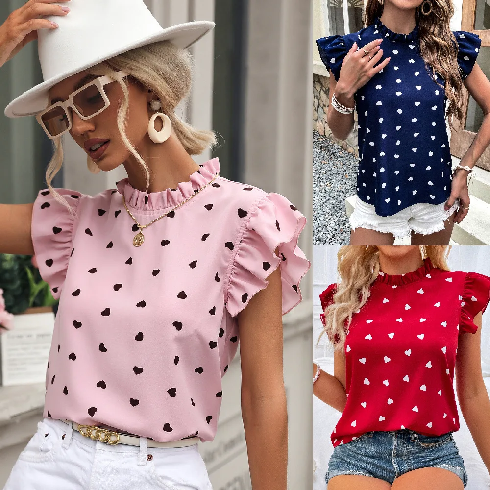 Fashion Ruffl Pink Shirt Blouse Women Summer Sleeveless O Neck Polka Dot Print Women\'s Tops Elegant Office Ladies Shirts Top