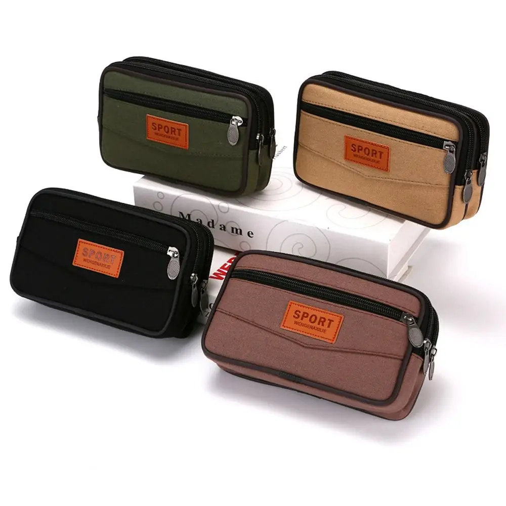 Solid Color Double Layer Men Phone Bag Horizontal Canvas Mobile Phone Pouch Vertical Casual Men Waist Pack Outdoor Sports