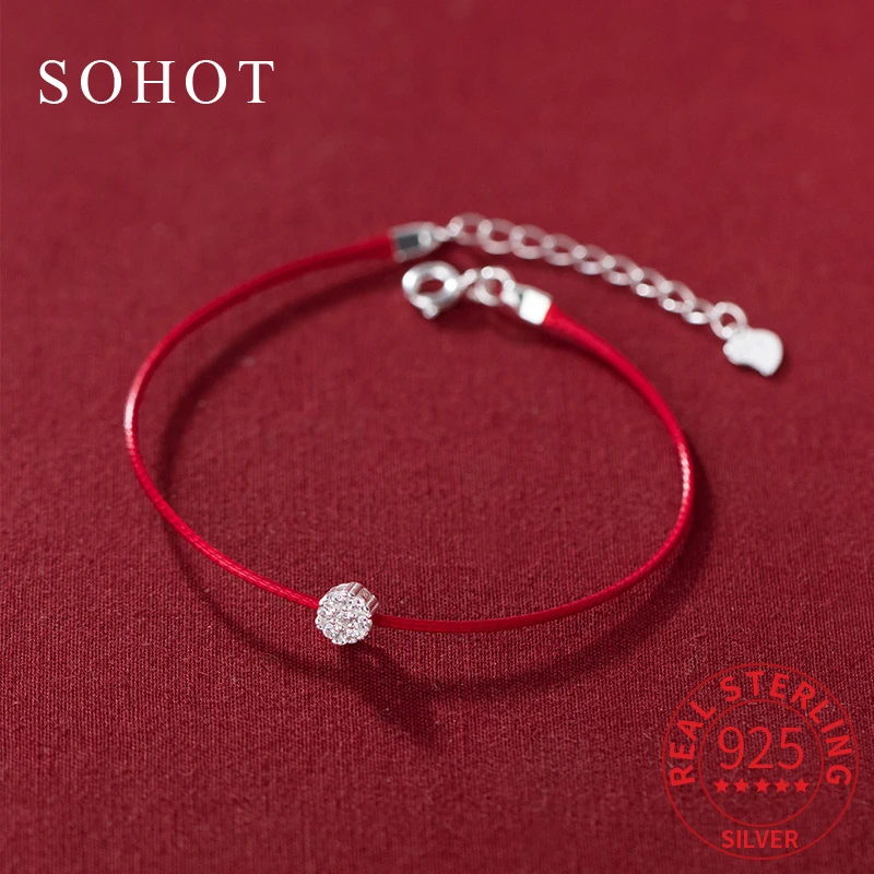 Настоящее серебро 925 пробы, минималистичный геометрический цветок, красная веревка, регулируемый браслет для очаровательных женщин, милые изящные ювелирные аксессуары