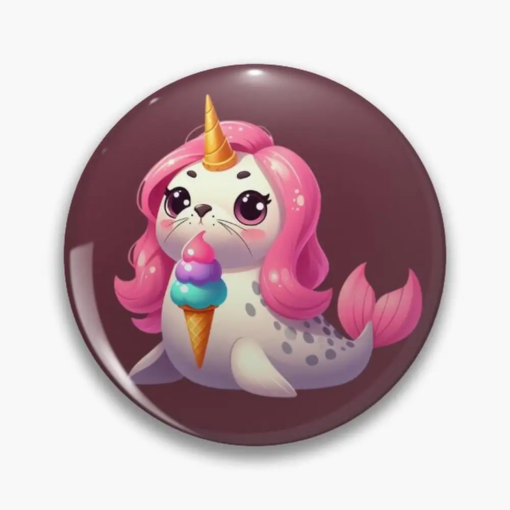 seal unicorn eating ice cream Pin Buttons Brooches  Jewelry Accessory Customize Brooch Fashion Lapel Badges