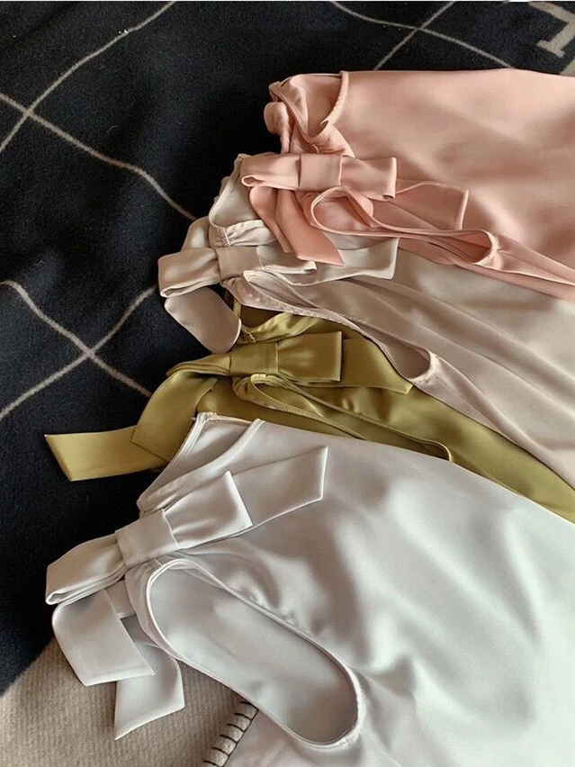 Women's Bow tie Blouses Summer Plus Size Satin Office Black Women Tunic Elegant Shirts Silk Sling Vest Woman Tops 5XL