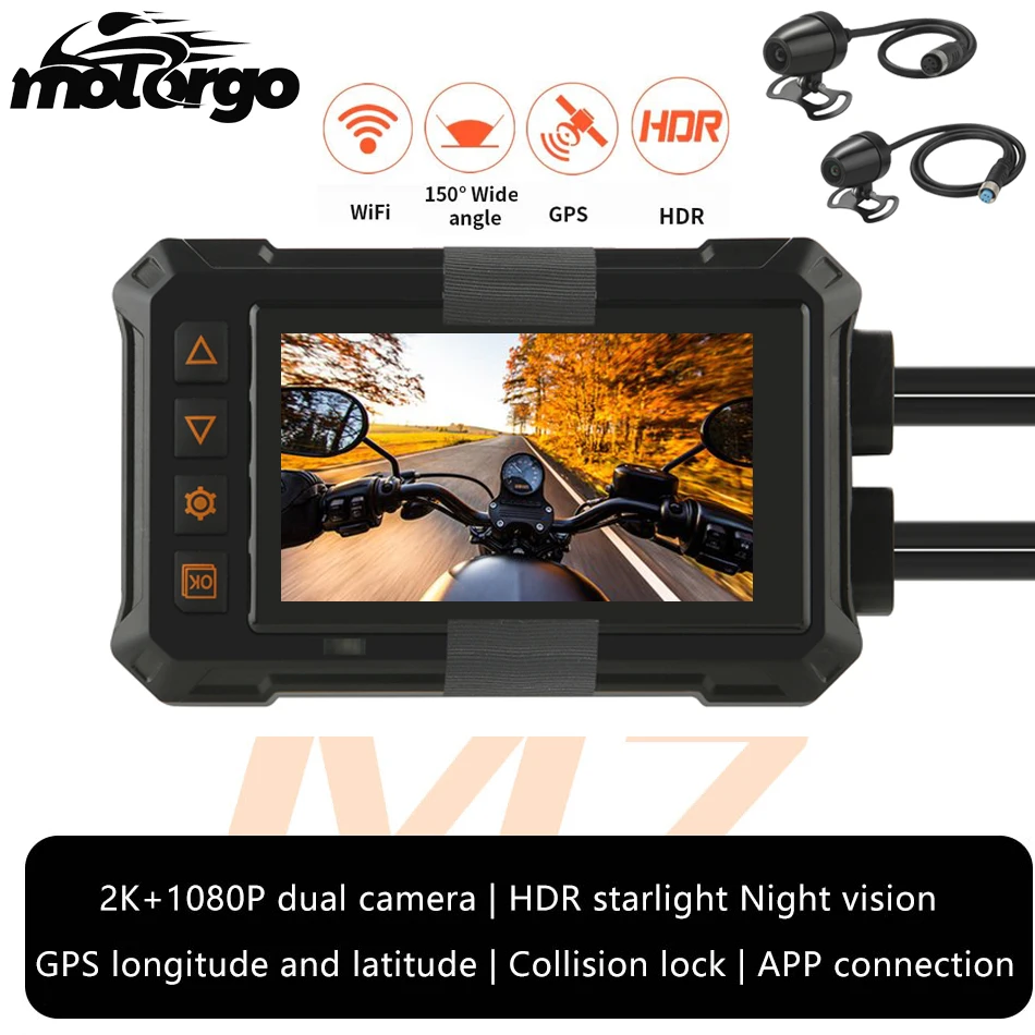 M7 Motorcycle Dash Cam 2K+1080P Dual Lens WiFi GPS EIS Anti-Shake HDR Night Vision 3