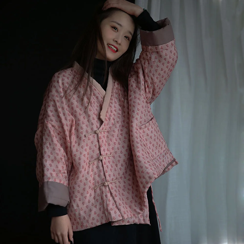 المرأة الكتان المطبوعة قصيرة سترة مبطنة بالقطن الرجعية Hanfu الجانب سترة صينية مشبك فضفاض رقيقة ضوء أسفل سترة مبطنة بالقطن