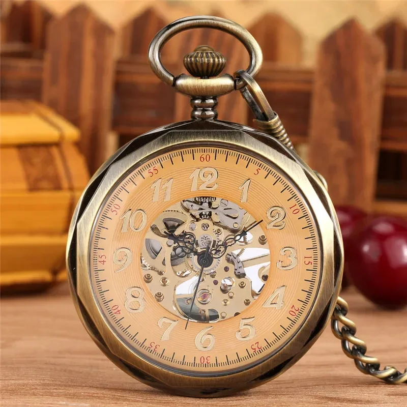 Steampunk Mechanical Pocket Watch Handwinding Skeleton Clock for Men Women Pendant Chain Open Face Arabic Number Watches