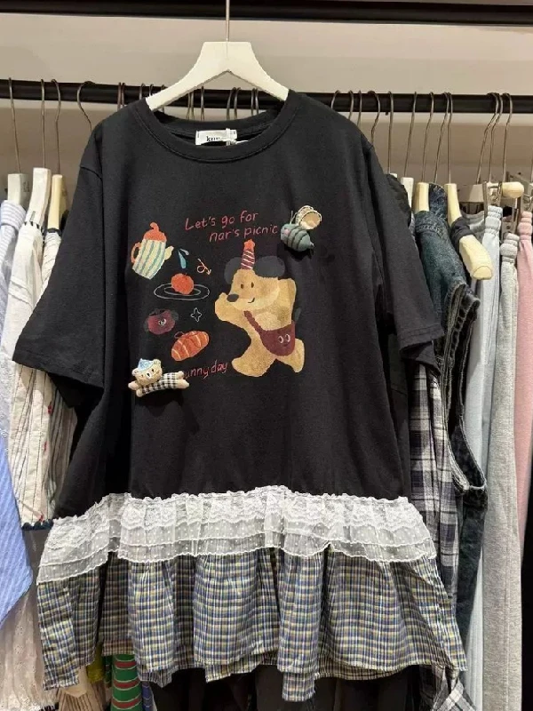 

plus Size Women's T-Shirt Lace Splice Short Sleeve Loose Cartoon Print Casual Top Breathable Polyester Summer Fashion