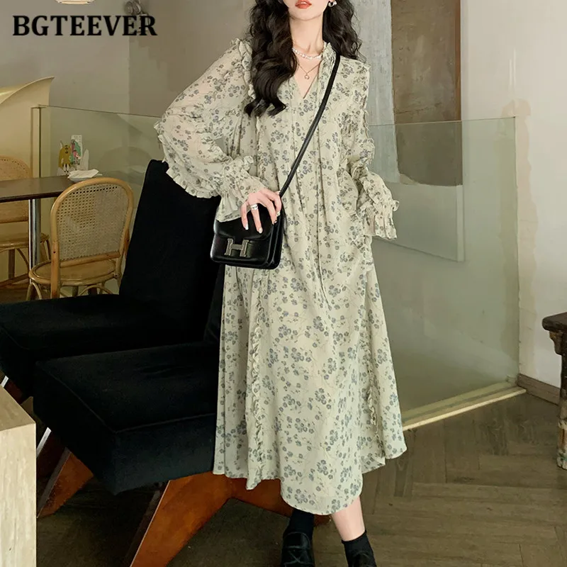 BGTEEVER Casual Ruffles Long Sleeve Women Printed Dress Elegant V-neck Loose Straight Female Dress Summer Ladies Vestidos