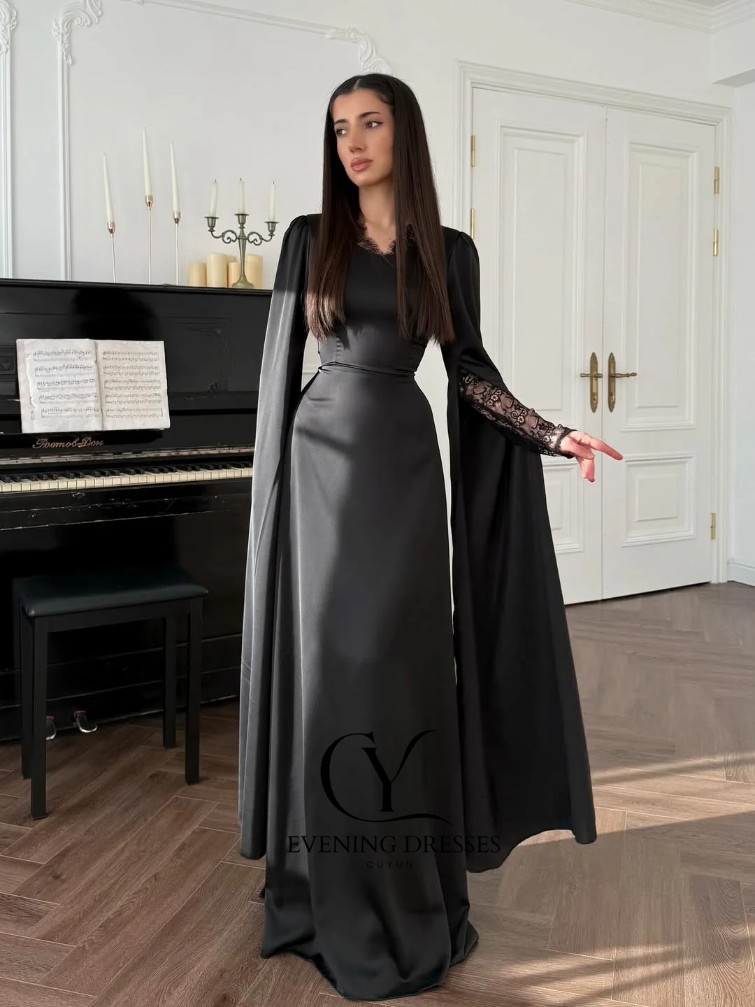 CUYUN Czarna Elegancka Suknia Wieczorowa Damska z Personalizowanymi Rękawami typu Peleryna, Satynowa Długa Sukienka na Bal Maturalny, Sukienki na Imprezy Półformalne, Sukienki na Przyjęcia Weselne