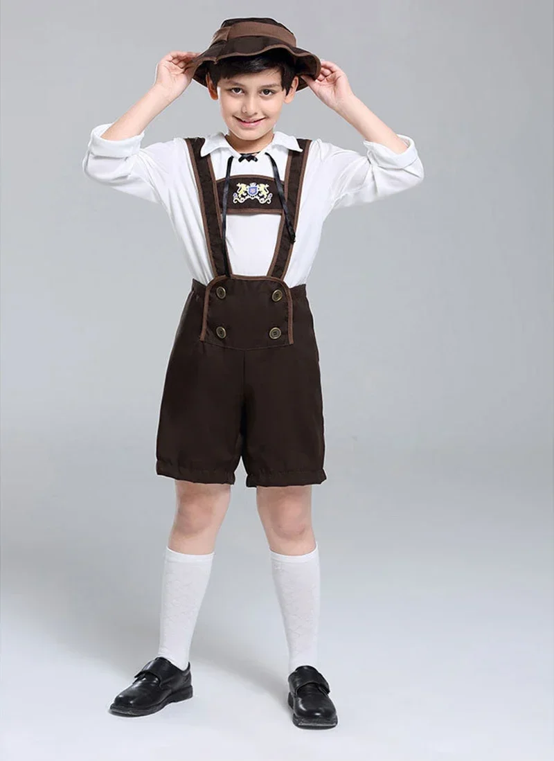 Classic Children Bavarian Lederhosen Oktoberfest Costume German Beer Boys Outfit Hat Top Suspender Shorts Set Halloween Costume