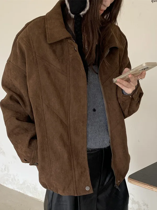 

Retro Loose Women's Biker Jaet with Stand Collar Zipper Suede Outerwear Korean Sle Casual Daily Wear Winter Collection