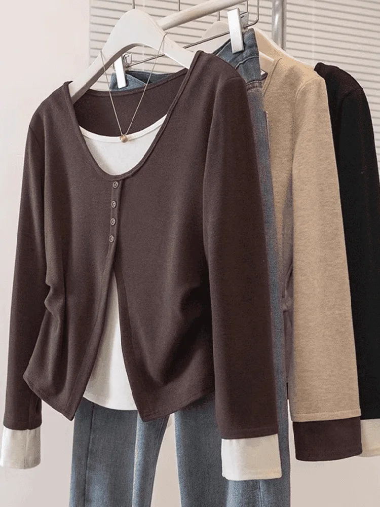 Slim Fit Pure Cotton Long Sleeve T-Shirt Women's Fashionable Splice Design Commute Autumn Winter Basic round Neck Top