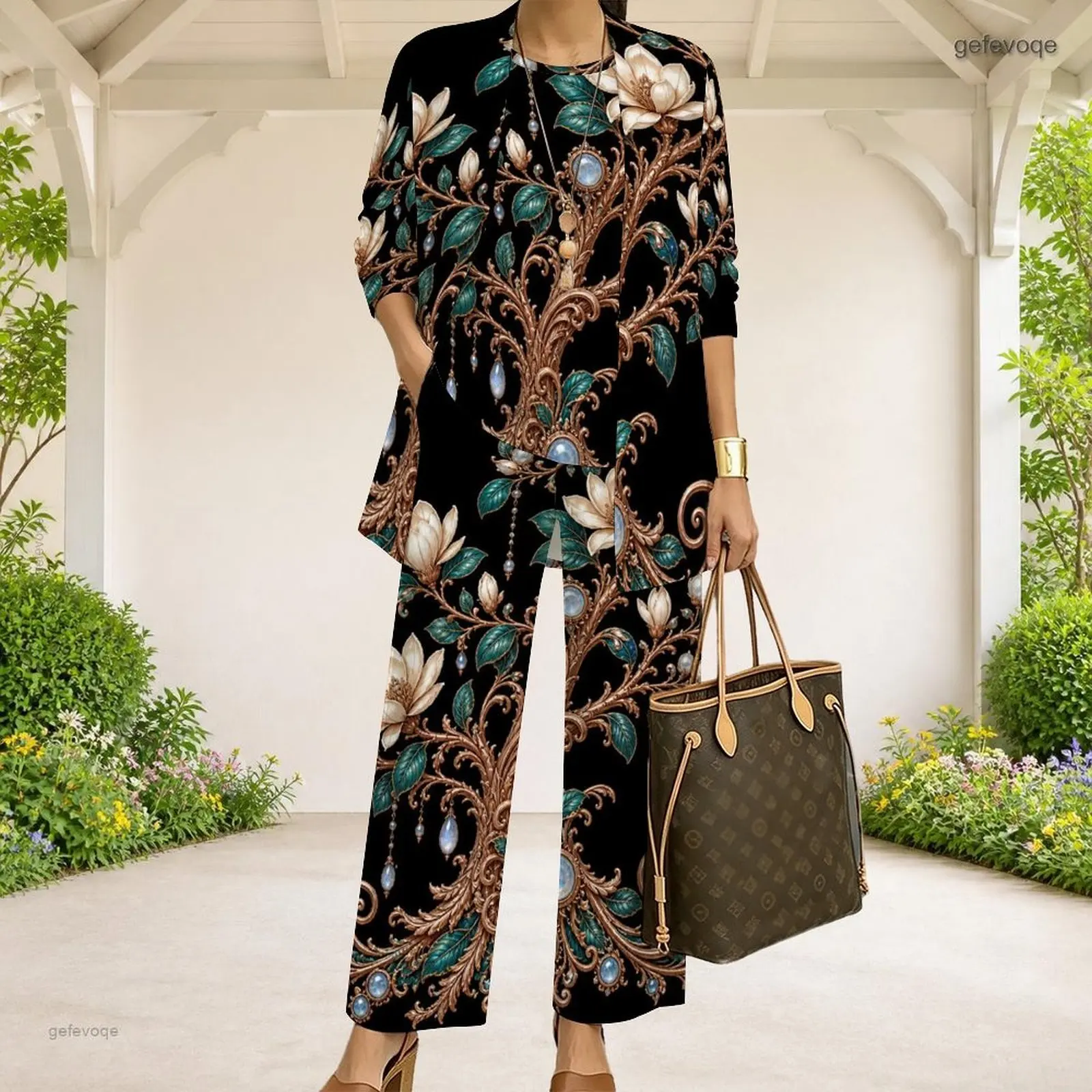 Women Women 3 Piece Printed Pants Set 3/4 Sleeve Open Front Cardigan Tank Top Long Pants Floral Baroque Motif - Aliexpress Deal