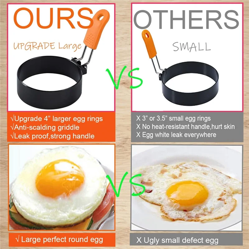 【NEW】3 Packs Egg Rings For Griddle Frying Egg 3.5 Inch Egg Ring 6 Inch Pancake Mold 8 Inch Omelet Ring Non-Stick