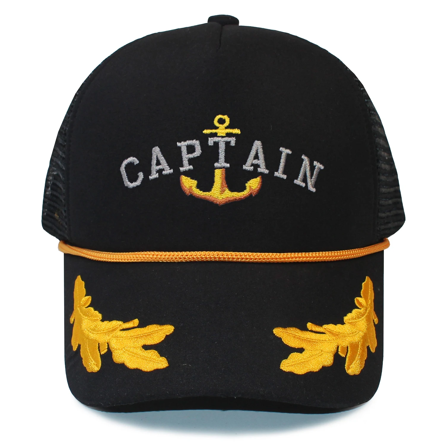 Captain Snapback Unisex Baseball Hat Oak Leaves Black Gold Polyester Foam Front  5 Panel Mesh Back Trucker Hat