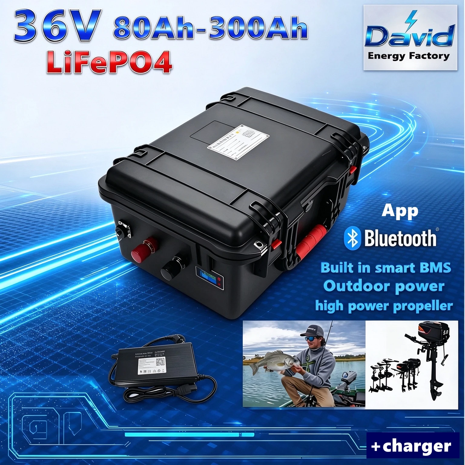 36V 80Ah~300Ah LiFePO4 Battery Waterproof Bluetooth APP Lithium Battery Pack for Trolling Motor Fishing Boat Outboard Propeller