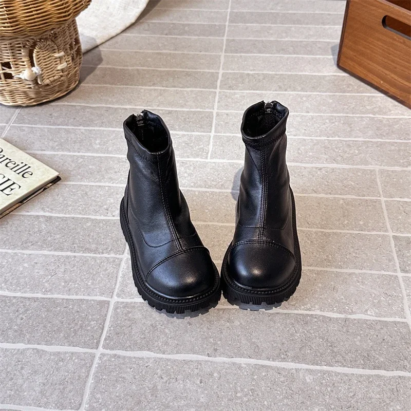 بسيطة الأطفال منصة أحذية قصيرة موضة جديدة الفتيات الأحذية الجلدية الكلاسيكية المدرسة عودة زيبر الاطفال حذاء من الجلد الأسود غير رسمي