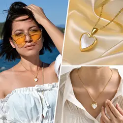 Women's Dainty Locket Heart Pendant Necklaces, Openable Shell Pendants, Gold Color Stainless Steel Shell Photo Frame Necklace