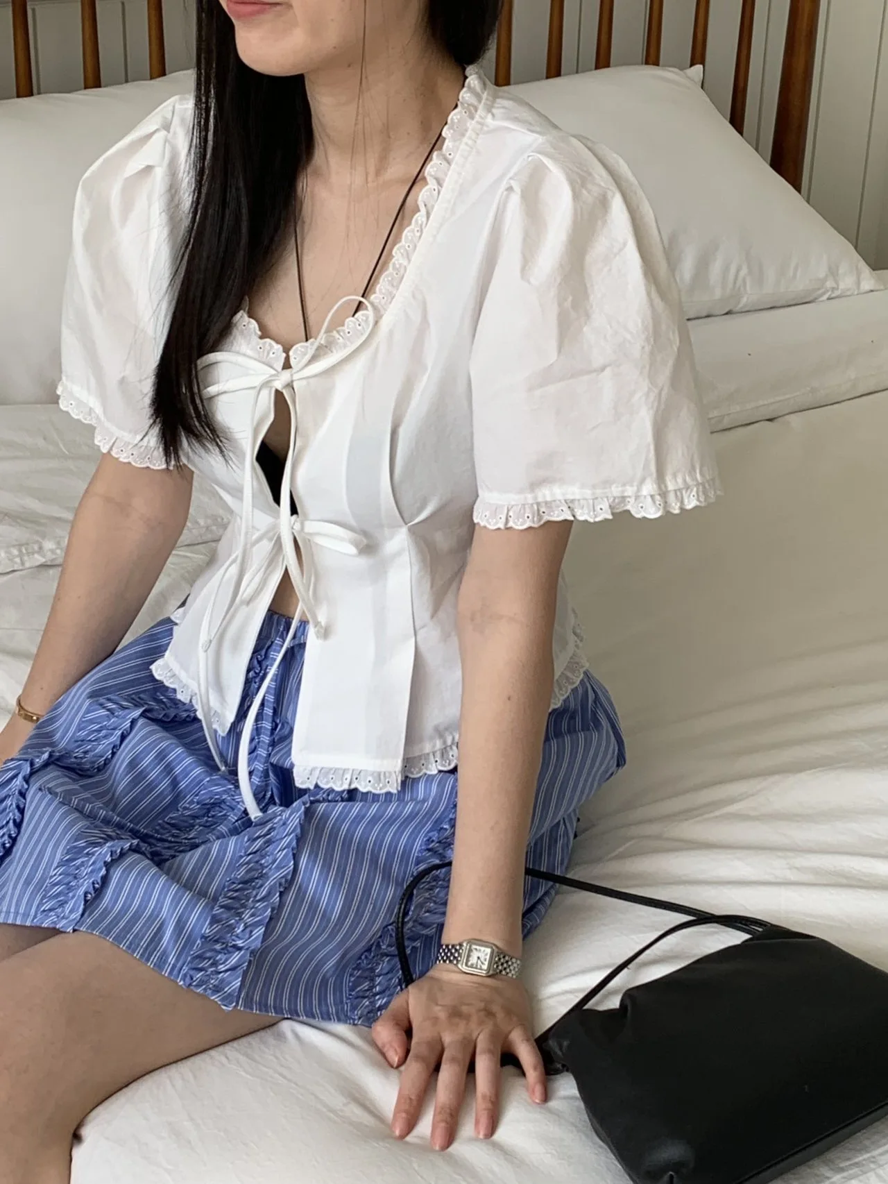

Fashionable Retro Summer Shirt Women's Short Bubble Sleeve Bow Tie Square Collar Floral Age Reduction Top Korean Style L...