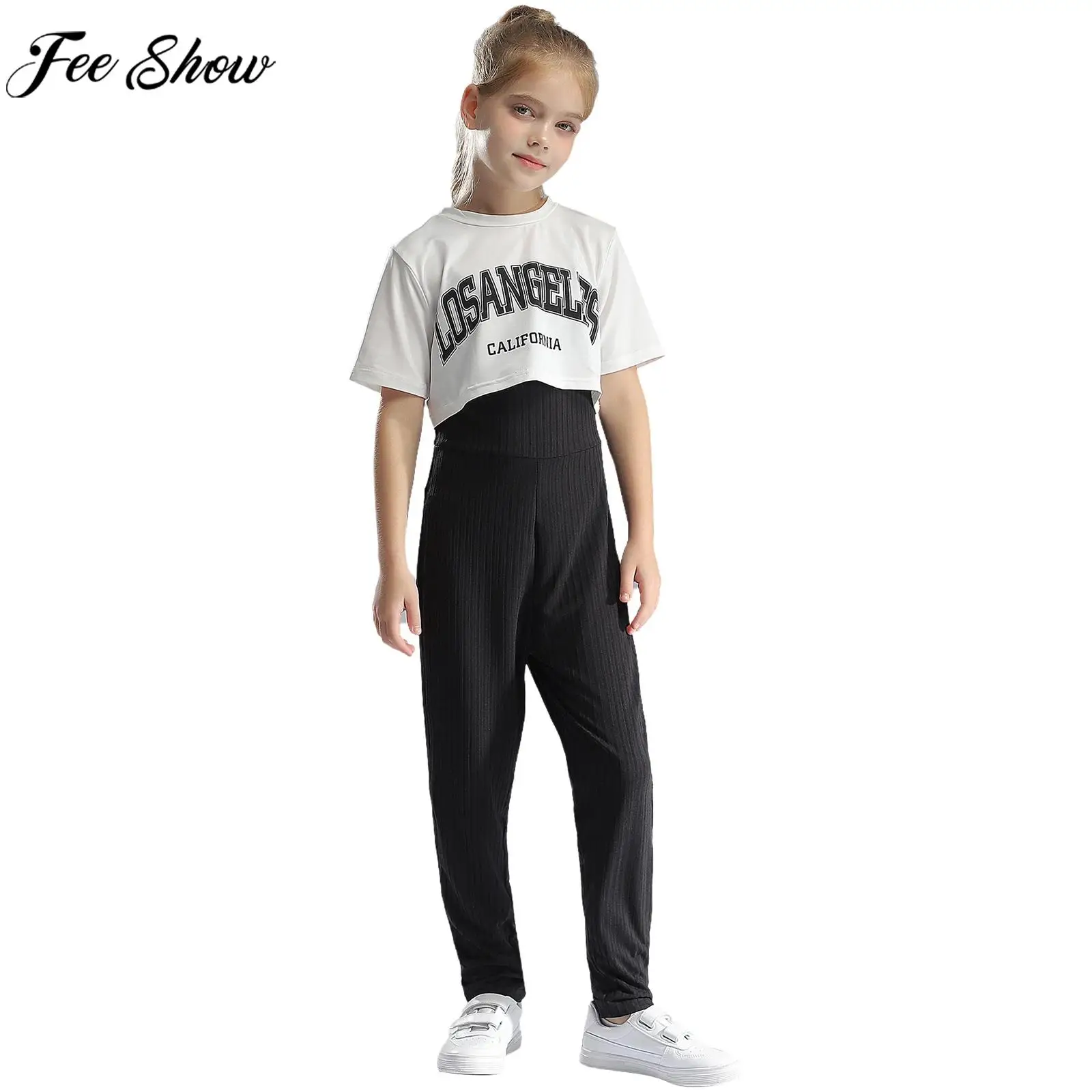 

Children Girls Hip Hop Jazz Street Dance Outfit Dancewear Short Sleeve Letter Crop Top with Jumpsuit Skateboarding Sportswear