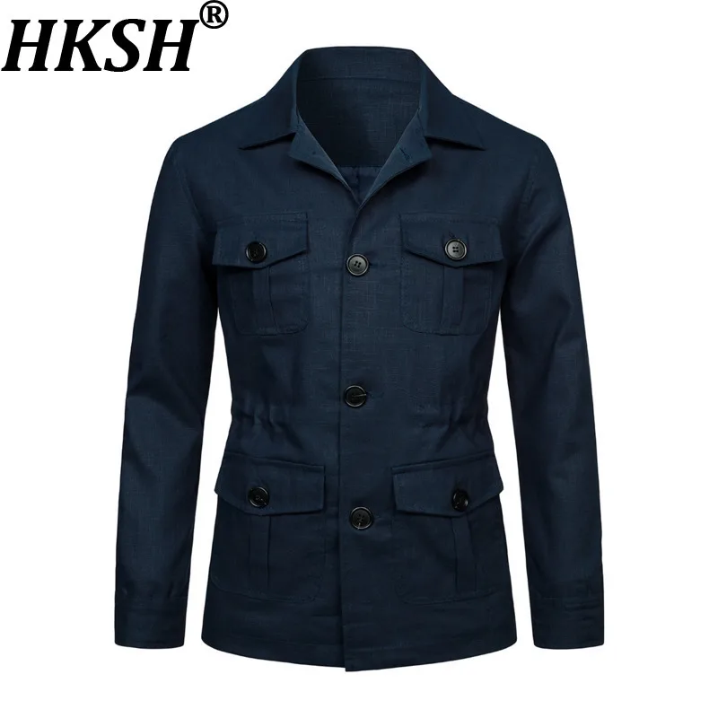 

HKSH Новая мужская куртка из льна в стиле сафари, весна-осень, винтажный крой, элегантная повседневная однотонная куртка HK18834